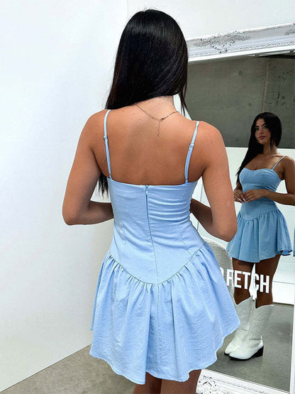 Summer Mini Dresses White Straps Neck Pleated Beach Dress