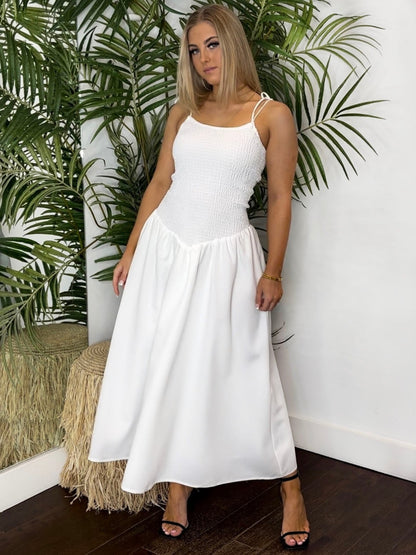 Shirring bodice detail midi dress with tie straps