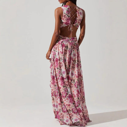 Sweet Floral Tiered Maxi Dress with Side Slit – French Style
