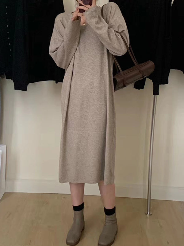 Long Sleeves Loose Solid Color V-Neck Midi Dresses Sweater Dresses