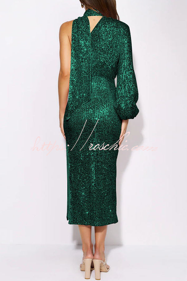 Bring The Class Sequin Slit High Waist Midi Dress