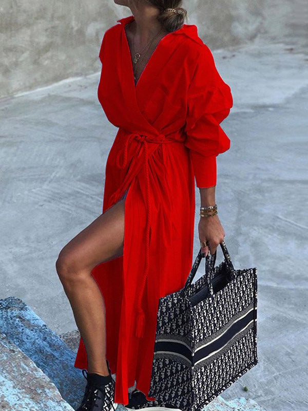 Simple Long Sleeves Belted Solid Color Lapel Maxi Dresses