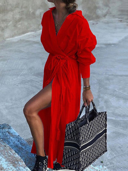 Simple Long Sleeves Belted Solid Color Lapel Maxi Dresses