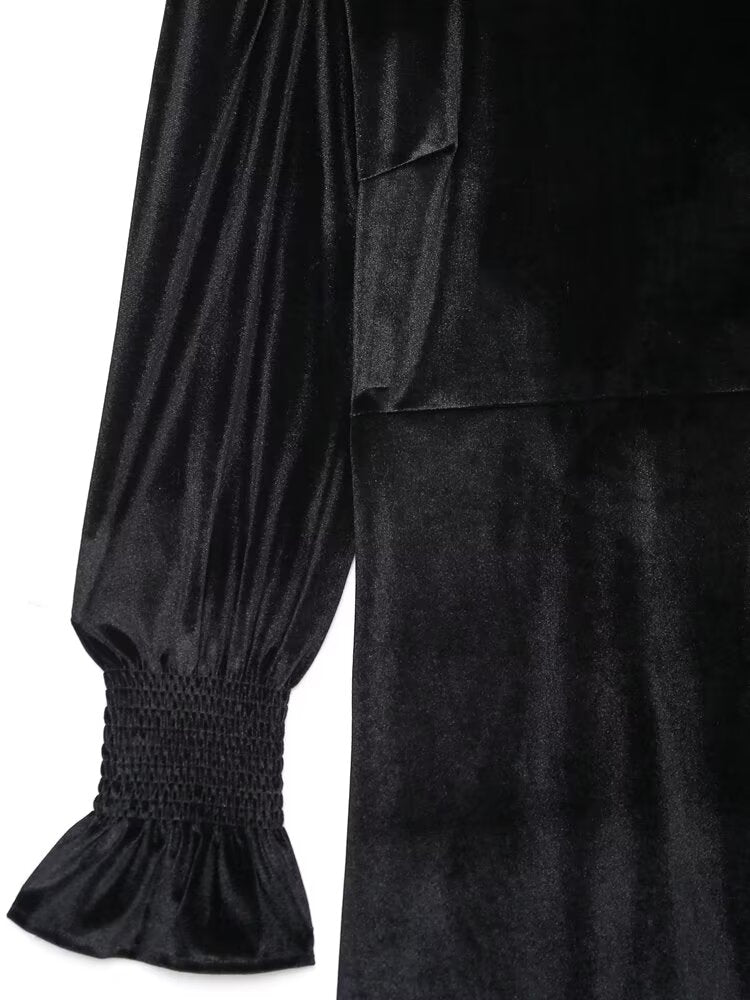 Fall Women Clothing Black Dress French Court Puff Sleeve Velvet Mini Dress
