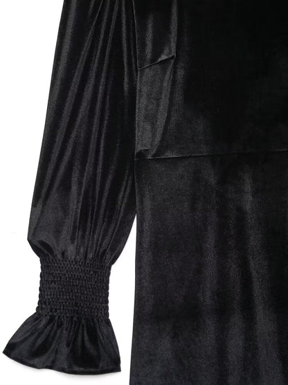 Fall Women Clothing Black Dress French Court Puff Sleeve Velvet Mini Dress