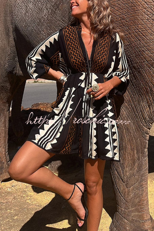Mon Amour Ethnic Print Elastic Waist Babydoll Mini Dress