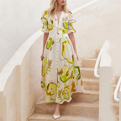 V-Neck Printed Maxi Dress in Blue, Gold, Green, Rose Red, White
