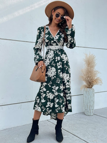 Floral Dress Midi Dress Floral Print Long Sleeves V-Neck Casual Lace No Open Seam Medium Fall