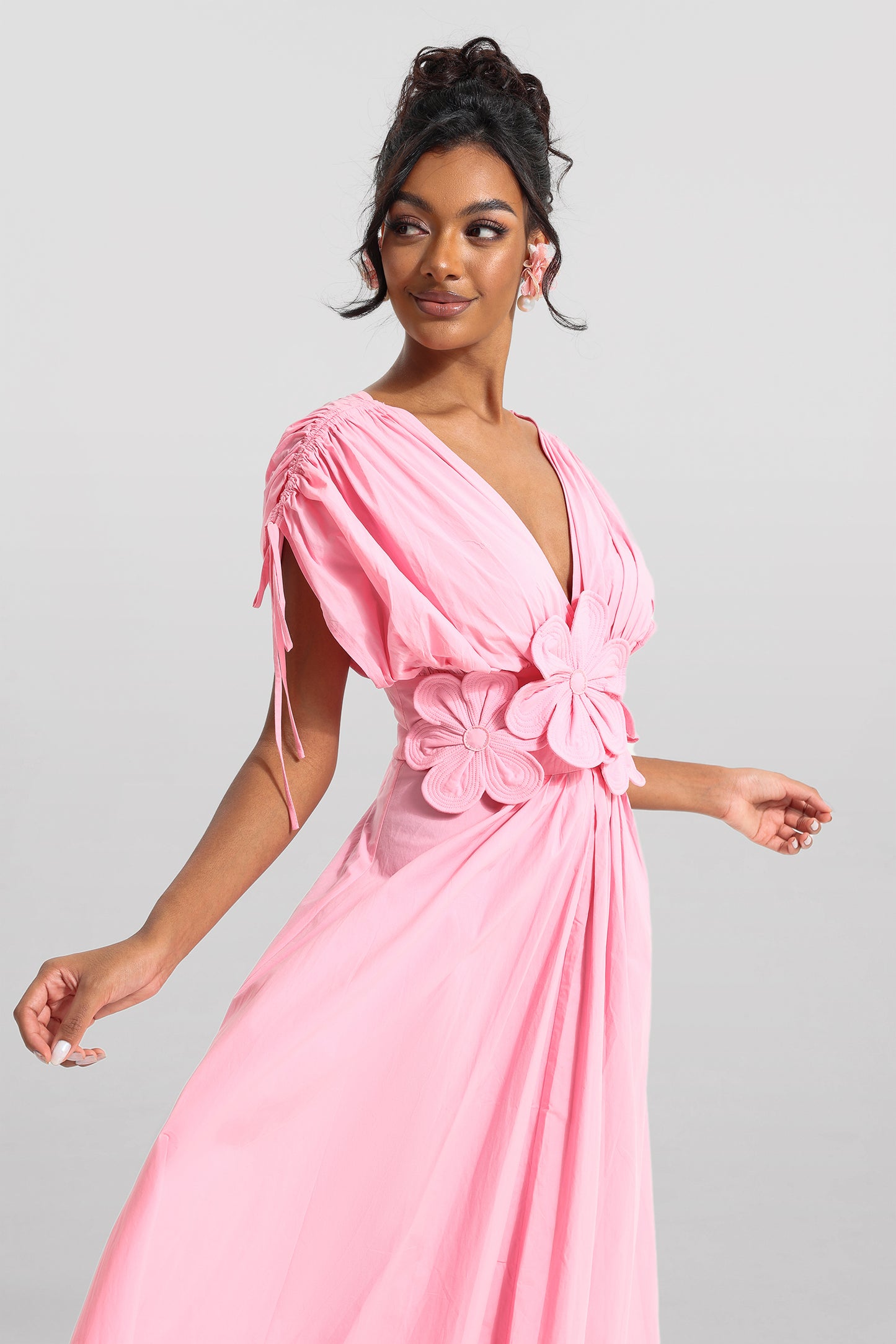 3D Floral V-Neck Lace Up Midi Dress