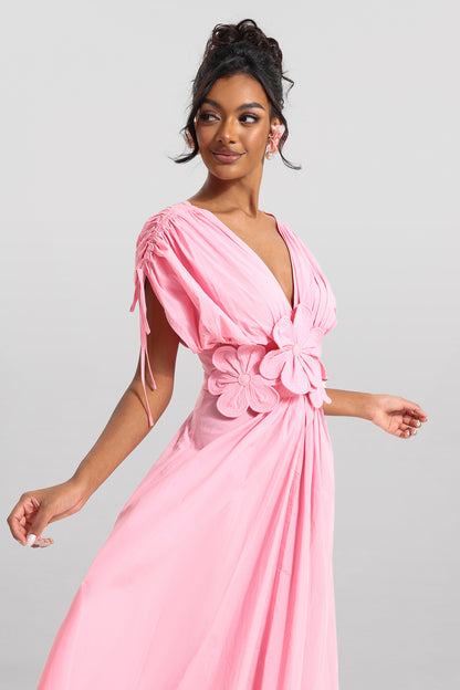 3D Floral V-Neck Lace Up Midi Dress