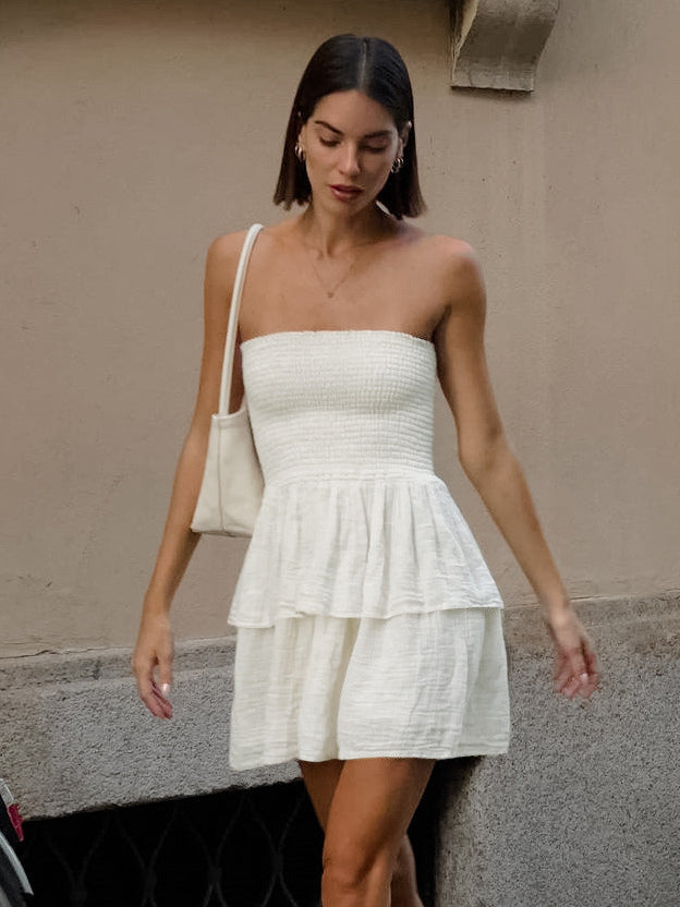 Summer Dress Mini Dresses Ecru White Strapless Pleated Cotton Beach Dress