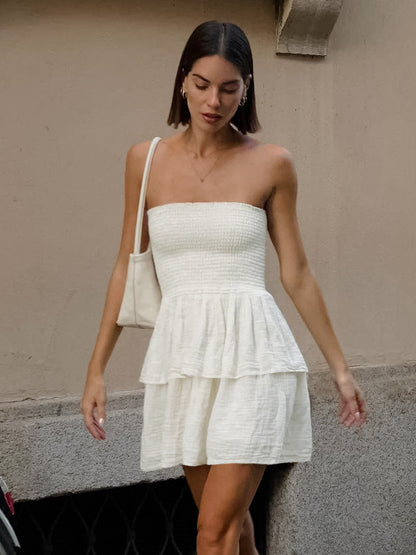 Summer Dress Mini Dresses Ecru White Strapless Pleated Cotton Beach Dress