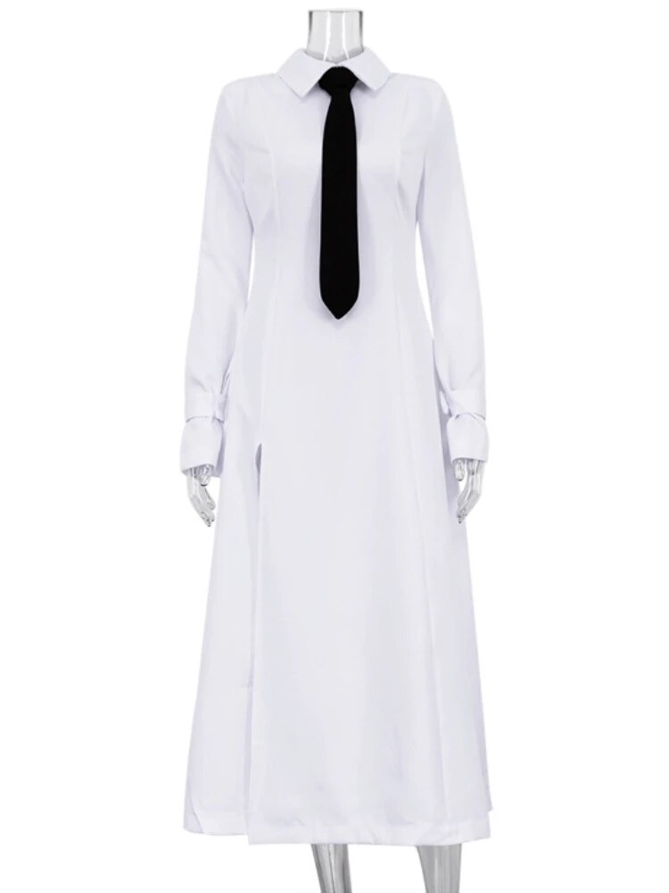 TARUXY Side Slit Long Dress For Women White Elegant Turn Collar Tie Midi Dresses Femme 2024 New Street Loose Slender Dress Woman