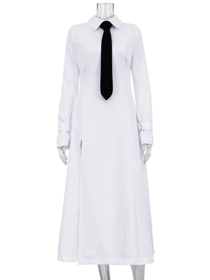 TARUXY Side Slit Long Dress For Women White Elegant Turn Collar Tie Midi Dresses Femme 2024 New Street Loose Slender Dress Woman