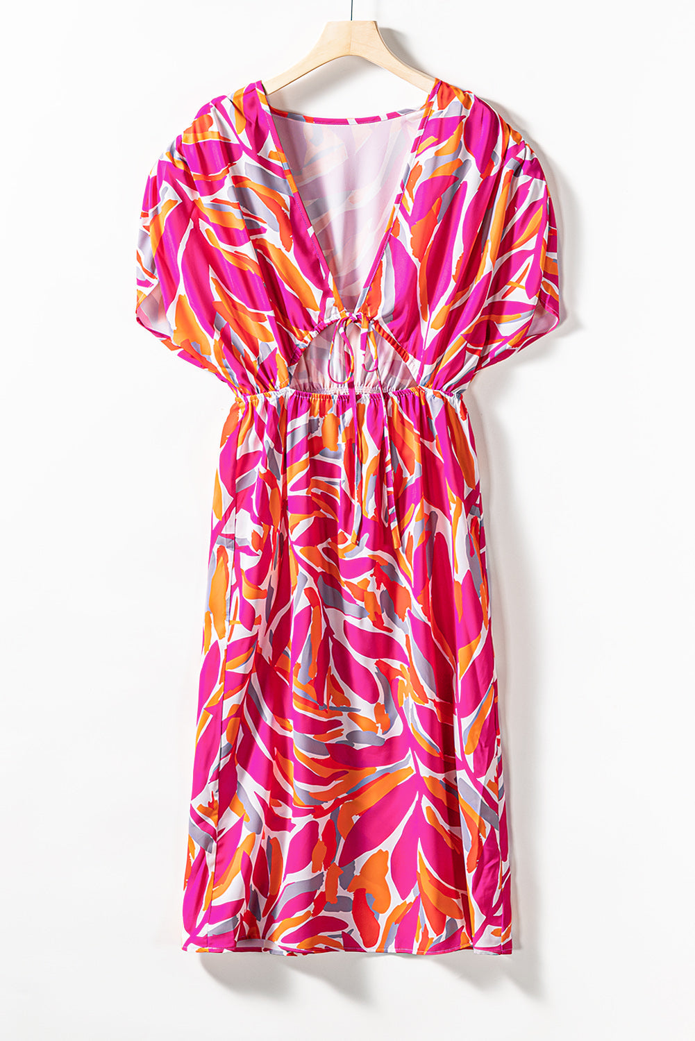 Rose Tropical Leafy Print Drawstring V Neck Midi Dress