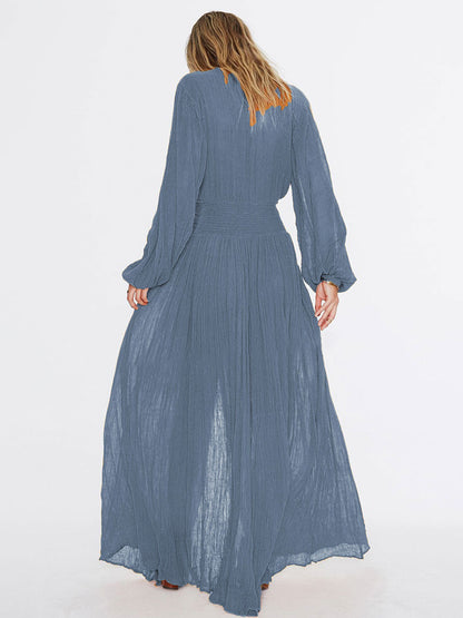 Maxi Dress V-Neck Long Sleeves High-slit Floor Length Dress