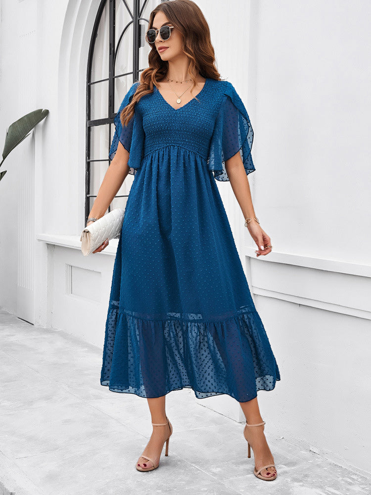 Party Dress Tiered Pleated V-Neck Summer Stylish Casual Midi Dresses