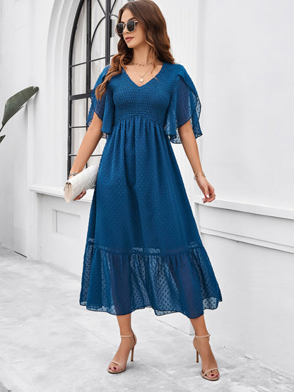 Party Dress Tiered Pleated V-Neck Summer Stylish Casual Midi Dresses