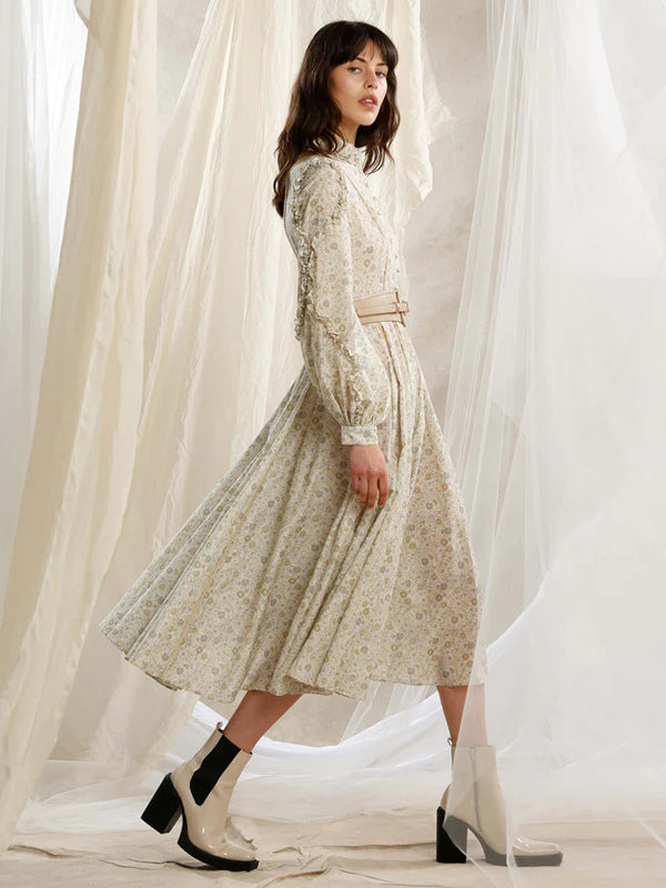Floral Midi Dress Buttons Belted Lantern Sleeves Elegant Day Dresses
