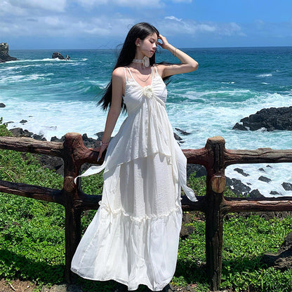 Minimalist White Spaghetti Strap Maxi Dress – Chic Island Getaway Look