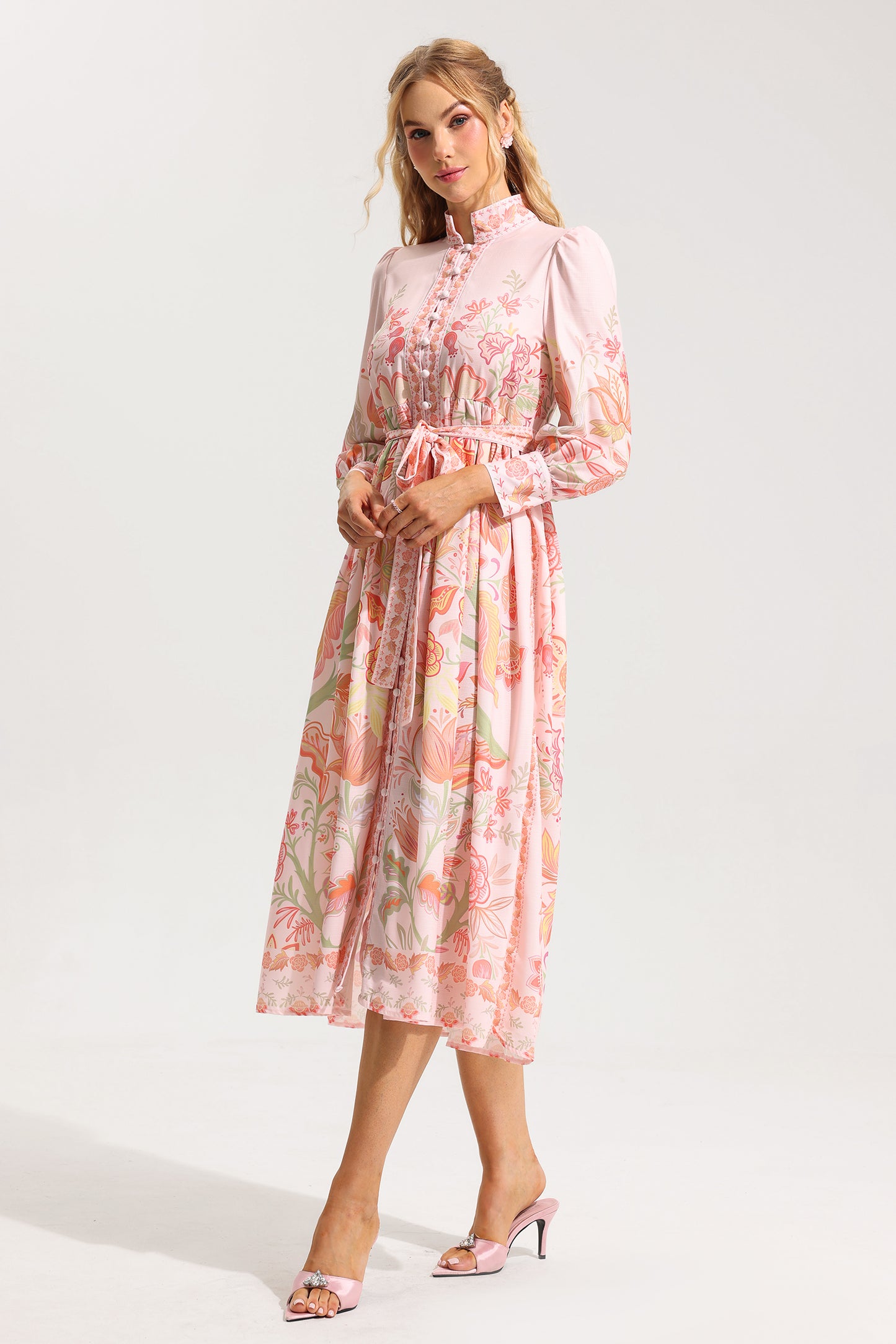 Floral Bottom Lantern Sleeve Midi Dress With Belt