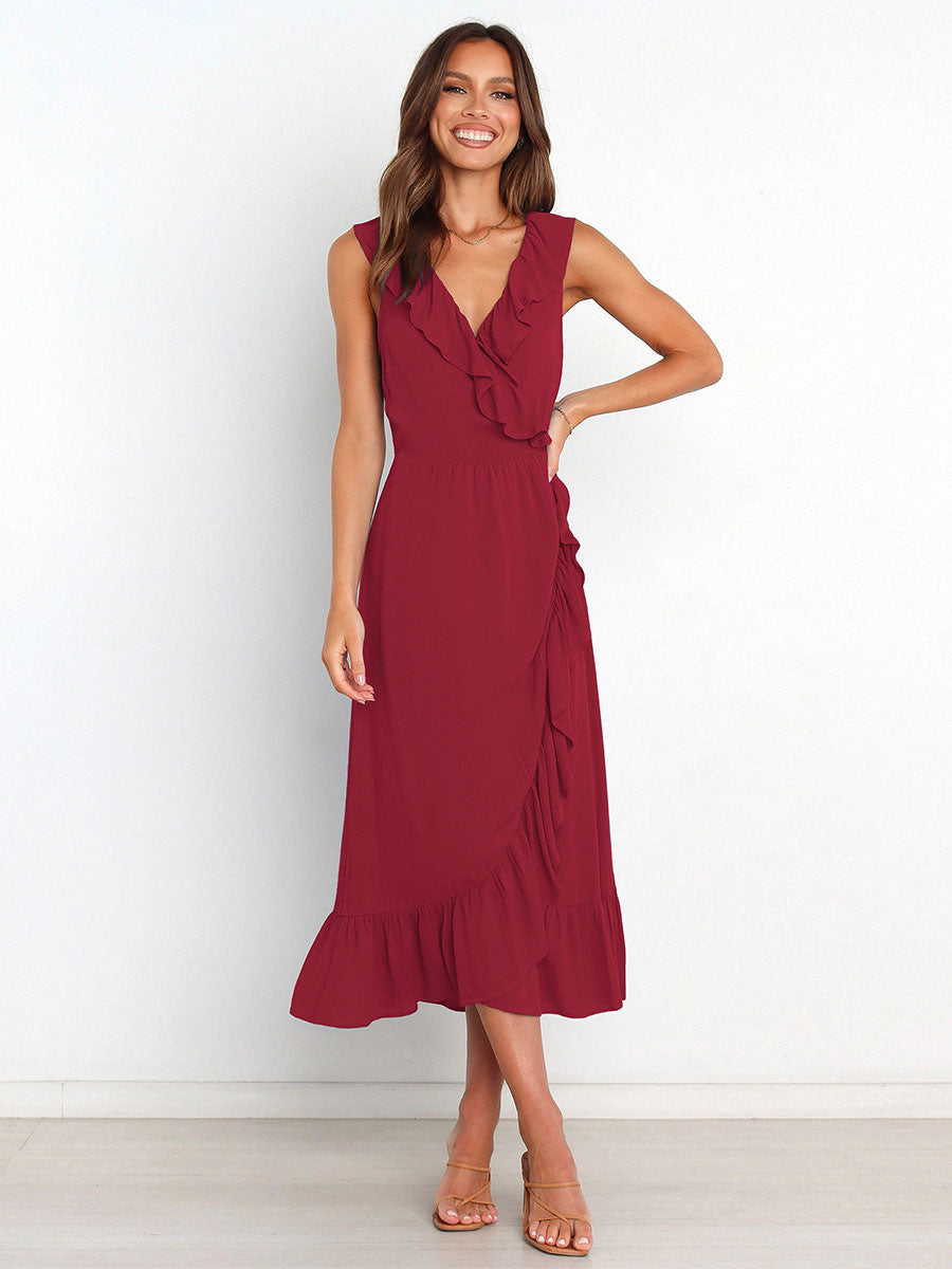 Ruffles Chic V-Neck Sleeveless Midi Dress