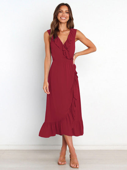 Ruffles Chic V-Neck Sleeveless Midi Dress