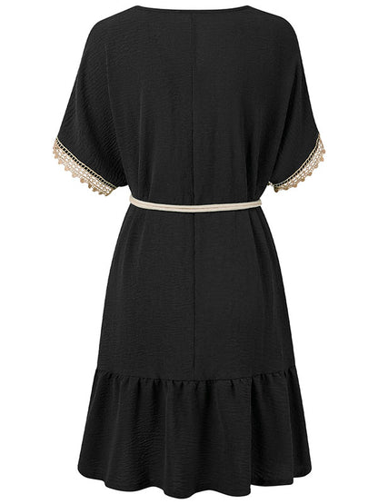 Short Sleeves Belted Split-Joint V-neck Mini Dresses