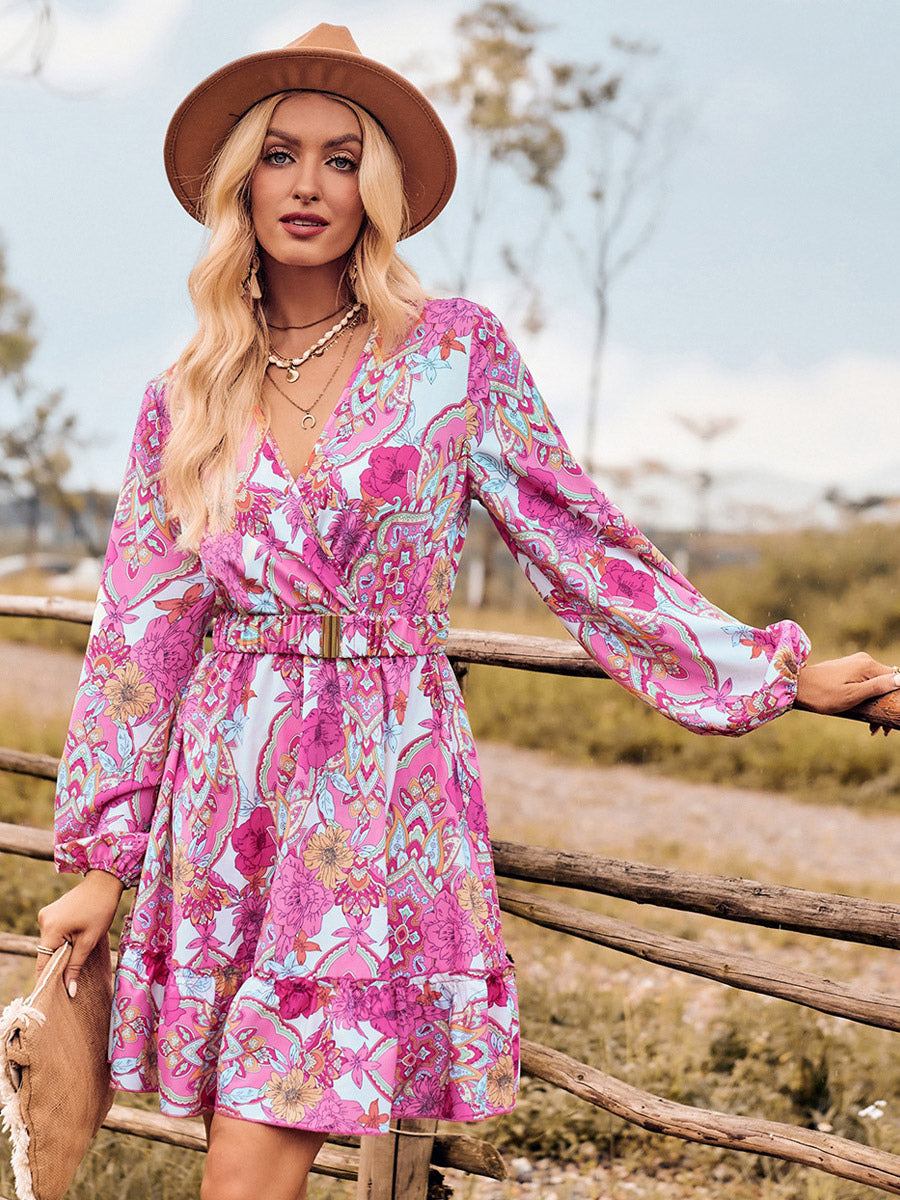 Boho Dress Sash V-Neck Lantern Sleeves Floral Beach Mini Dress