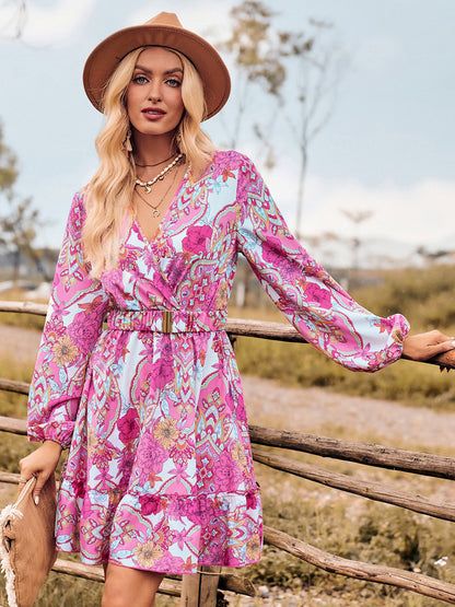 Boho Dress Sash V-Neck Lantern Sleeves Floral Beach Mini Dress