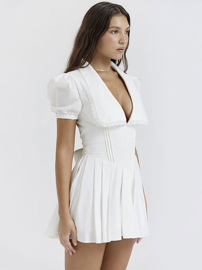 Summer Mini Dresses White V-Neck Bows Beach Dress