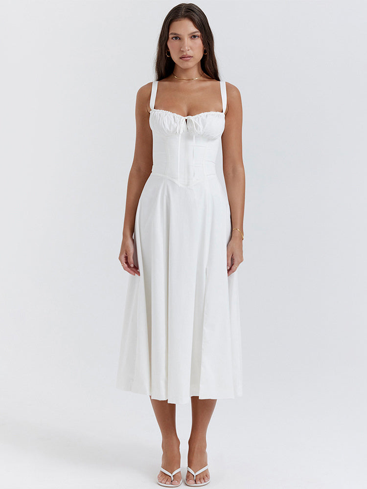 Summer Dress Sleeveless Straps Neck Chic Lace Up Midi Dress For Women