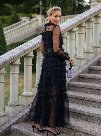 Black Layering Dress High Collar Bow Tie Polka Dot Party Maxi Dresses