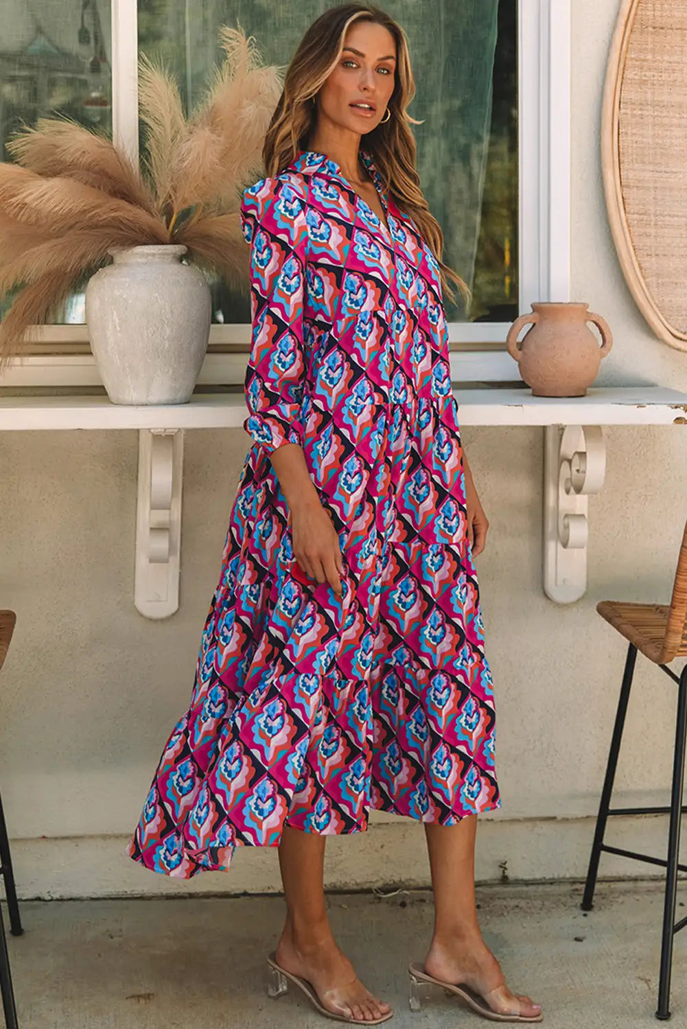 abstract geometric print high waist maxi dress