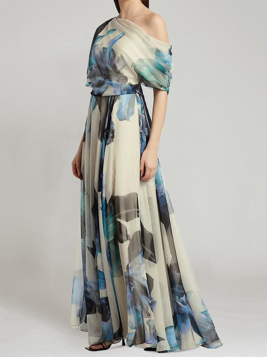 Floral Dress Maxi Dresses Dresses Floral Print Backless Pleated One-Shoulder Short Sleeves Backless Bohemian Summer