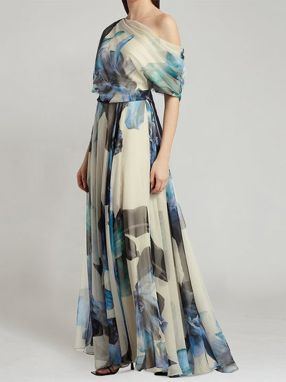 Floral Dress Maxi Dresses Dresses Floral Print Backless Pleated One-Shoulder Short Sleeves Backless Bohemian Summer