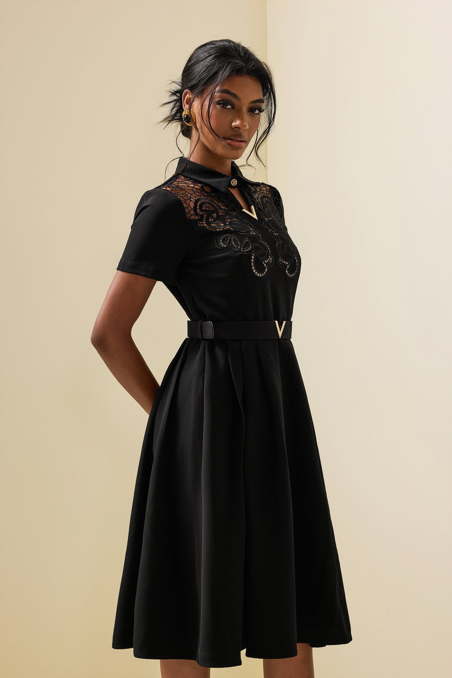 Embroidered Shirt Collar Midi Dress With Belt Black