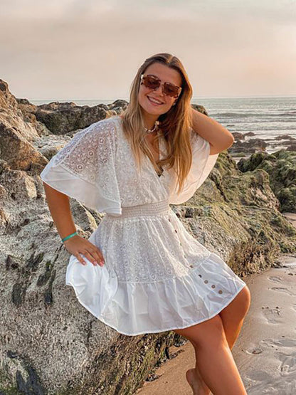 Boho Dress Lace V Neck Batwing White Flare Mini Dress for Women