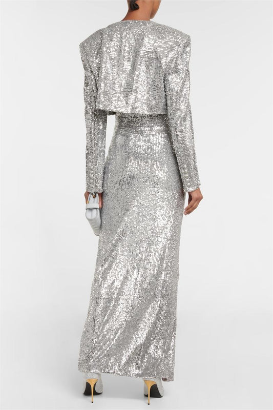 Sequin Solid Sleeveless Midi Dress ?Sequin Long Sleeve Blazer Set