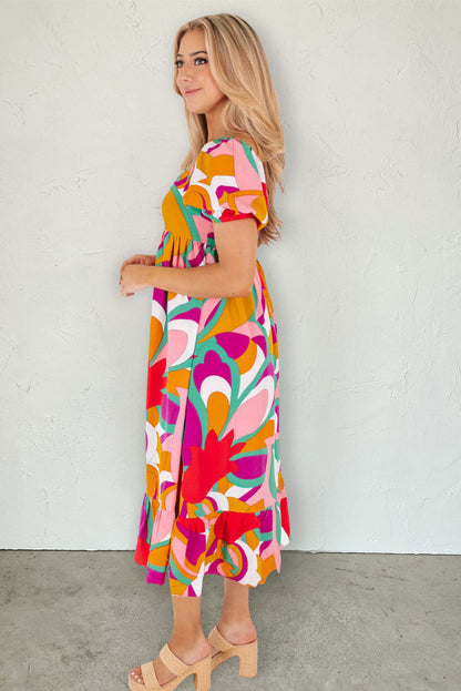 Red Abstract Print Square Neck Flowy Midi Dress