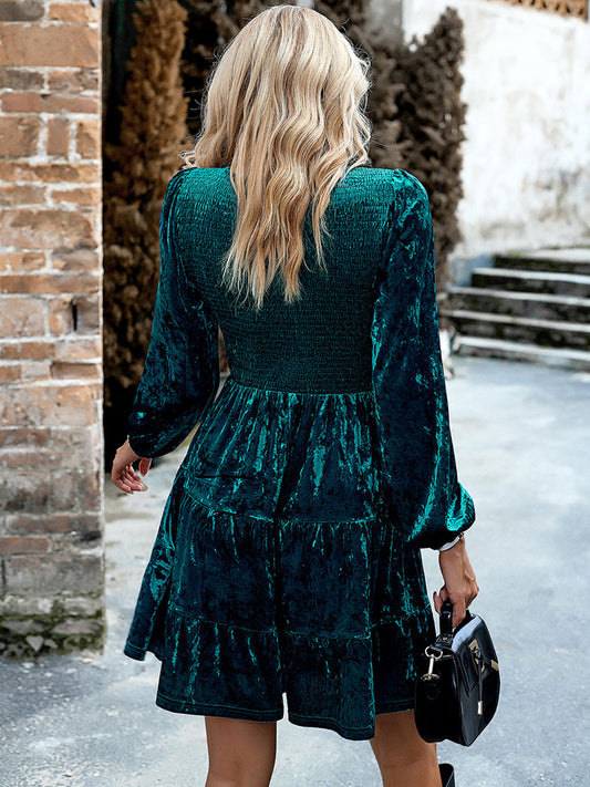 Mini Dresses Velvet Black Long Sleeves Pleated Velour Jewel Neck Dress