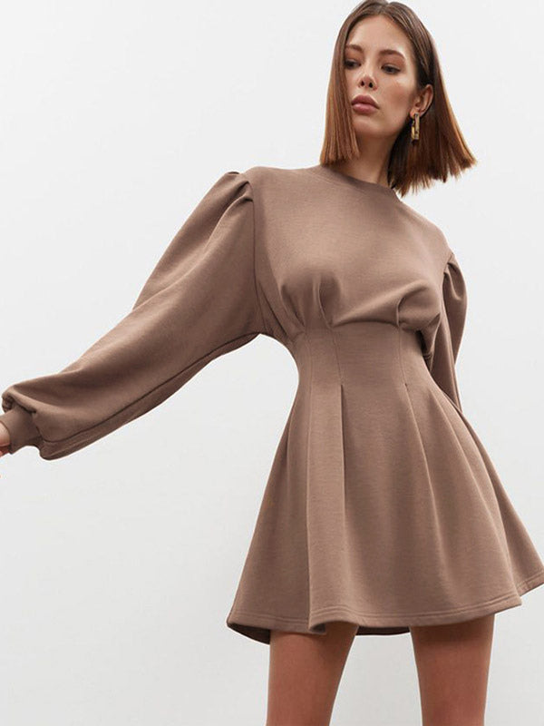 Party Dress Lantern Sleeves High Waist Solid Color A-Line Mini Dresses
