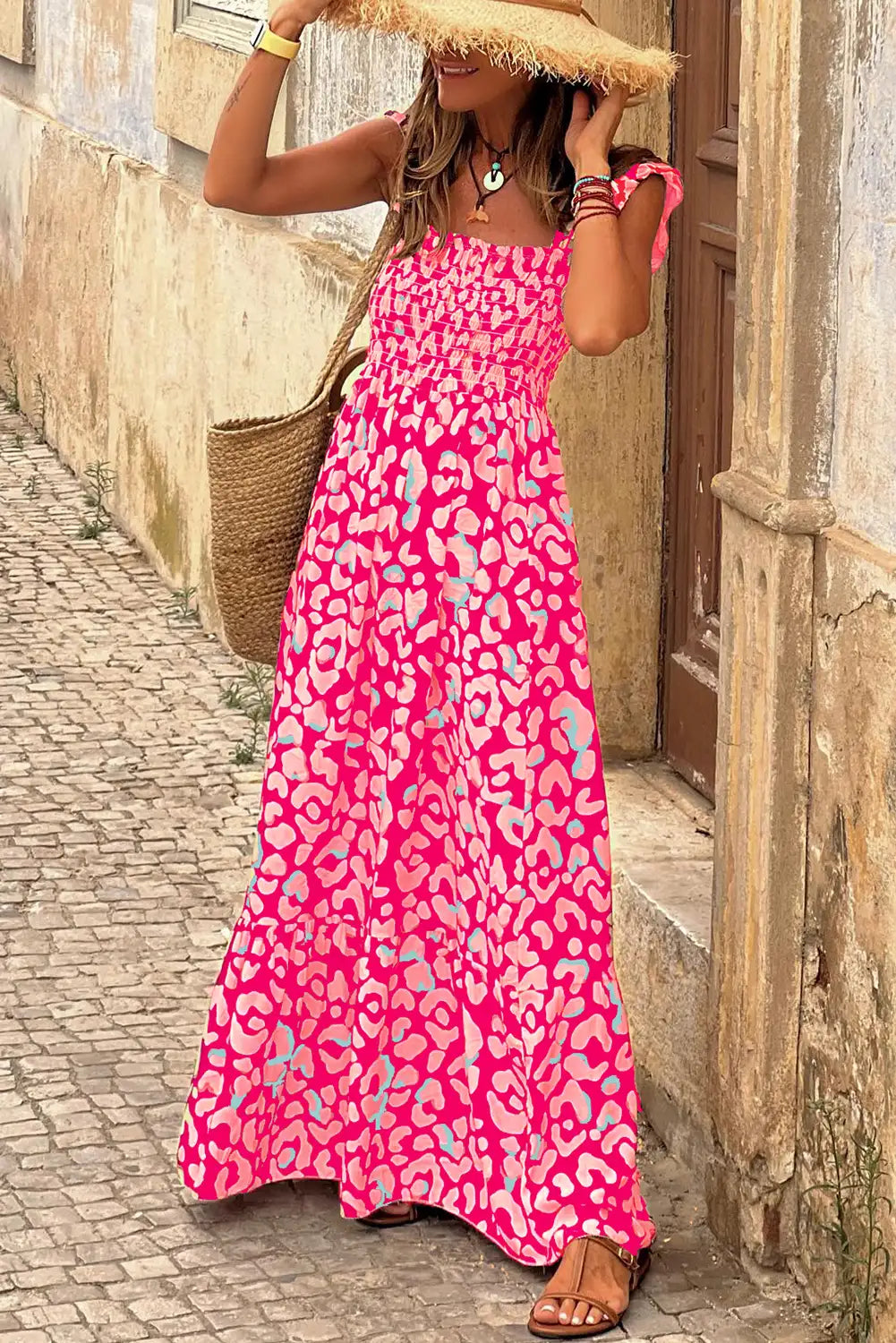 pink leopard ruffle maxi dress