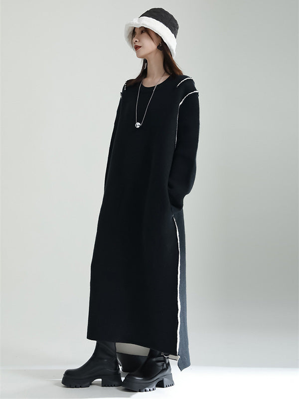 Casual Long Sleeves Loose Solid Color Round-Neck Sweater Dresses