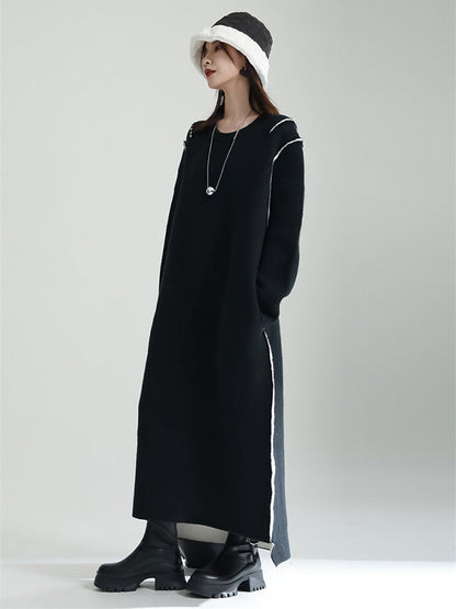 Casual Long Sleeves Loose Solid Color Round-Neck Sweater Dresses
