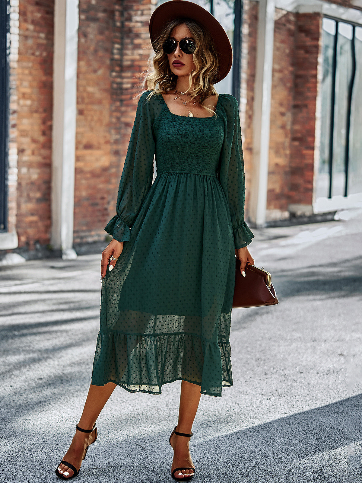 Pleated Long Sleeves Midi Dress