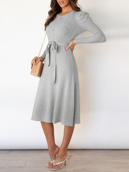 High Waisted Long Sleeves Solid Color Tied Waist Round-Neck Midi Dresses Sweater Dresses