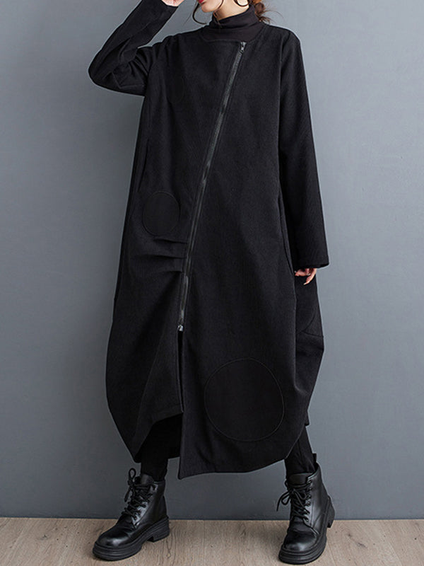 Long Sleeves Loose Asymmetric Pleated Polka-Dot Split-Joint Zipper High-neck Midi Dresses Outerwear