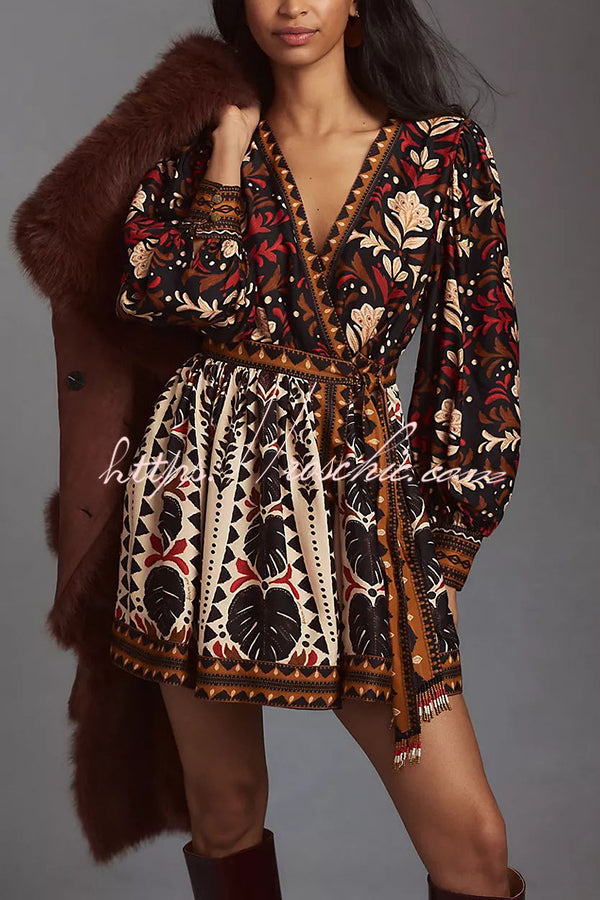 Fashion-forward Exotic Floral Print Lantern Sleeve Belted Mini Dress