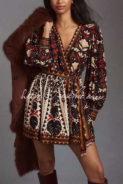Fashion-forward Exotic Floral Print Lantern Sleeve Belted Mini Dress